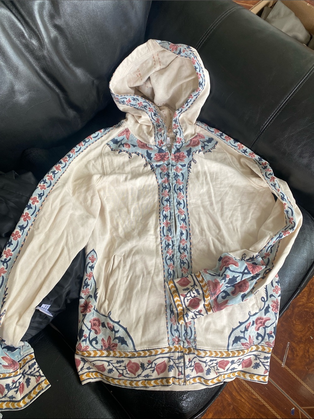 Lucky Brand Cream Hooded Jacket with Blue and Pink Floral Trim